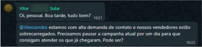 Vendedores sobrecarregados pedem pausa na campanha de cliente AdsOX